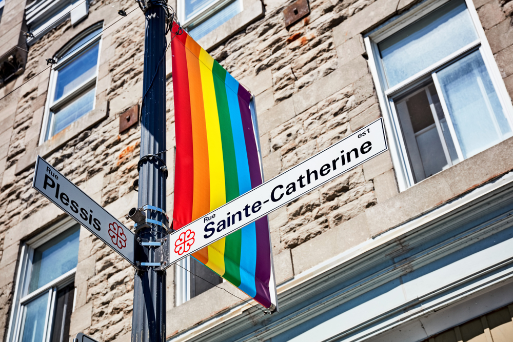 Hvor bør man bo i Montreal? De 5 beste områdene & gode hoteller 5 Gateskilt for Rue Sainte-Catherine og Rue Plessis med regnbueflagg i The Village i Montreal
