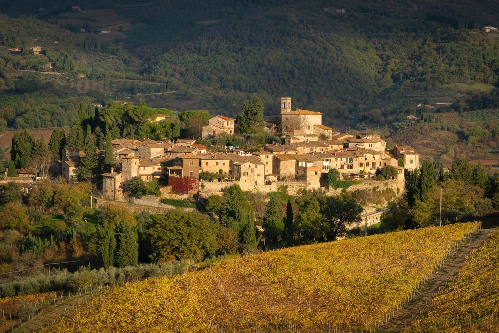 Landsbyen Montefioralle og vinmarkene ved Greve in Chianti