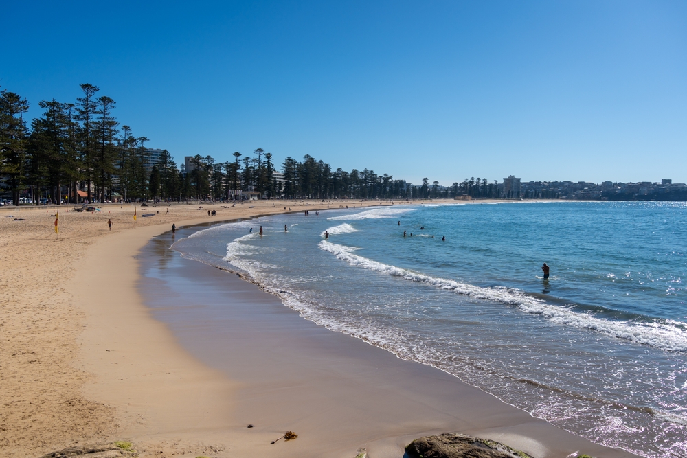 Manly Beach i Sydney med gyllen sand og blå bølger