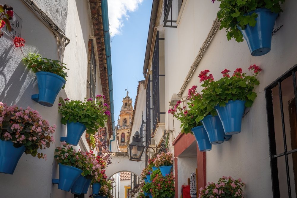 Hvor bør man bo i Córdoba? De 5 beste områdene & gode hoteller 2 Calleja de las Flores i Judería i Córdoba med klokketårnet til Mezquita i bakgrunnen