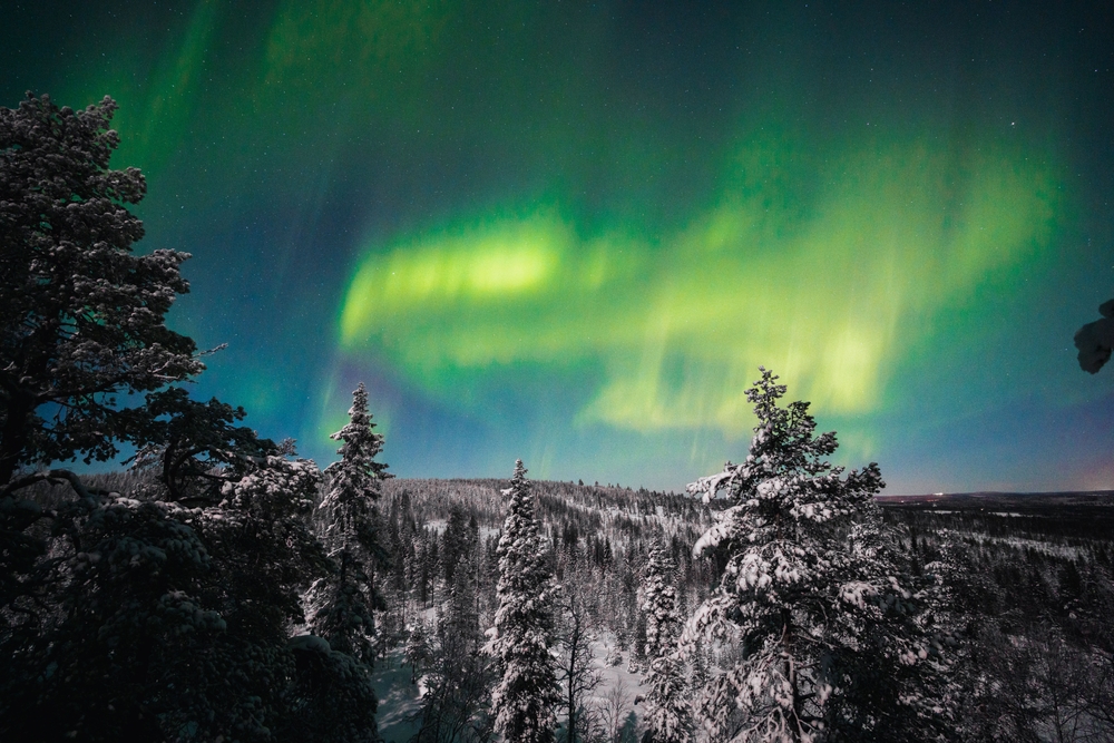 Grønt nordlys over Rovaniemi i finsk Lappland