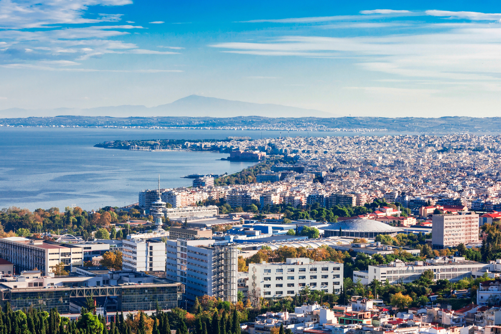 Panoramautsikt over Thessaloniki fra luften, Hellas' nest største by ved bukta