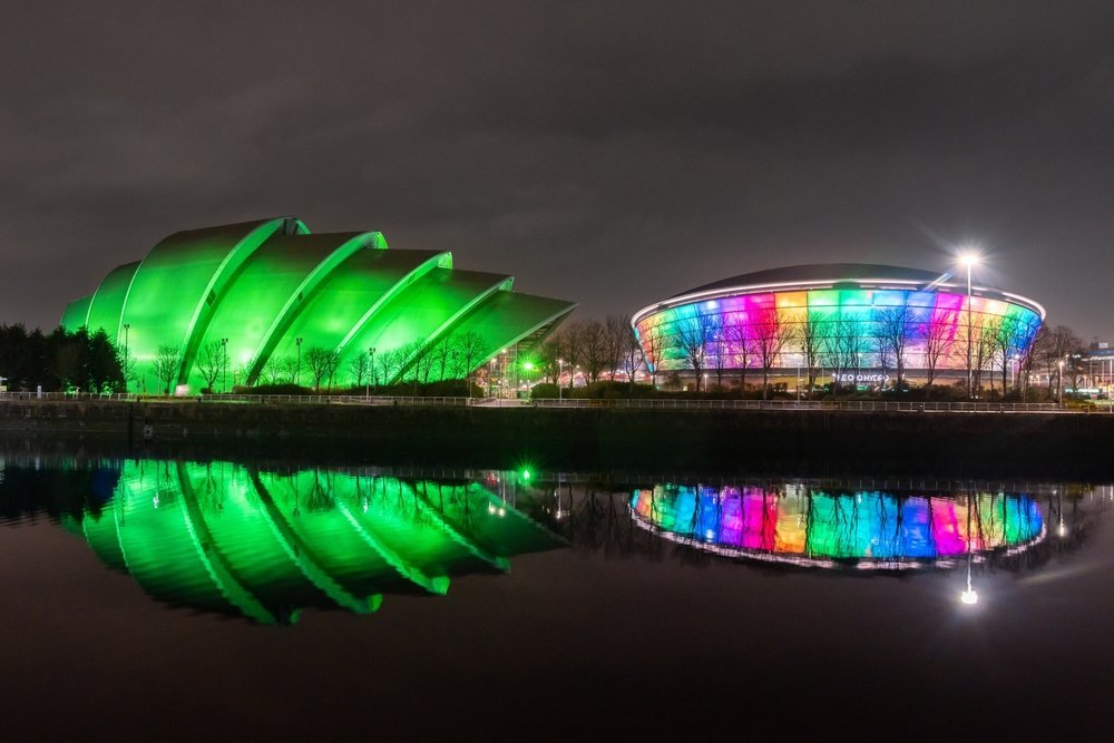 Konsertarenaen OVO Hydro og Clyde Auditorium ved elva Clyde i Glasgow